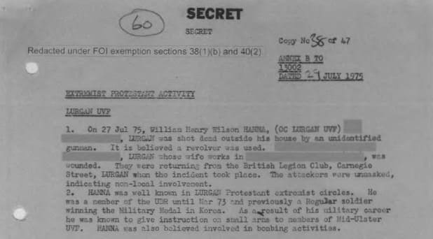 British Military Intelligence Summary on Billy Hanna